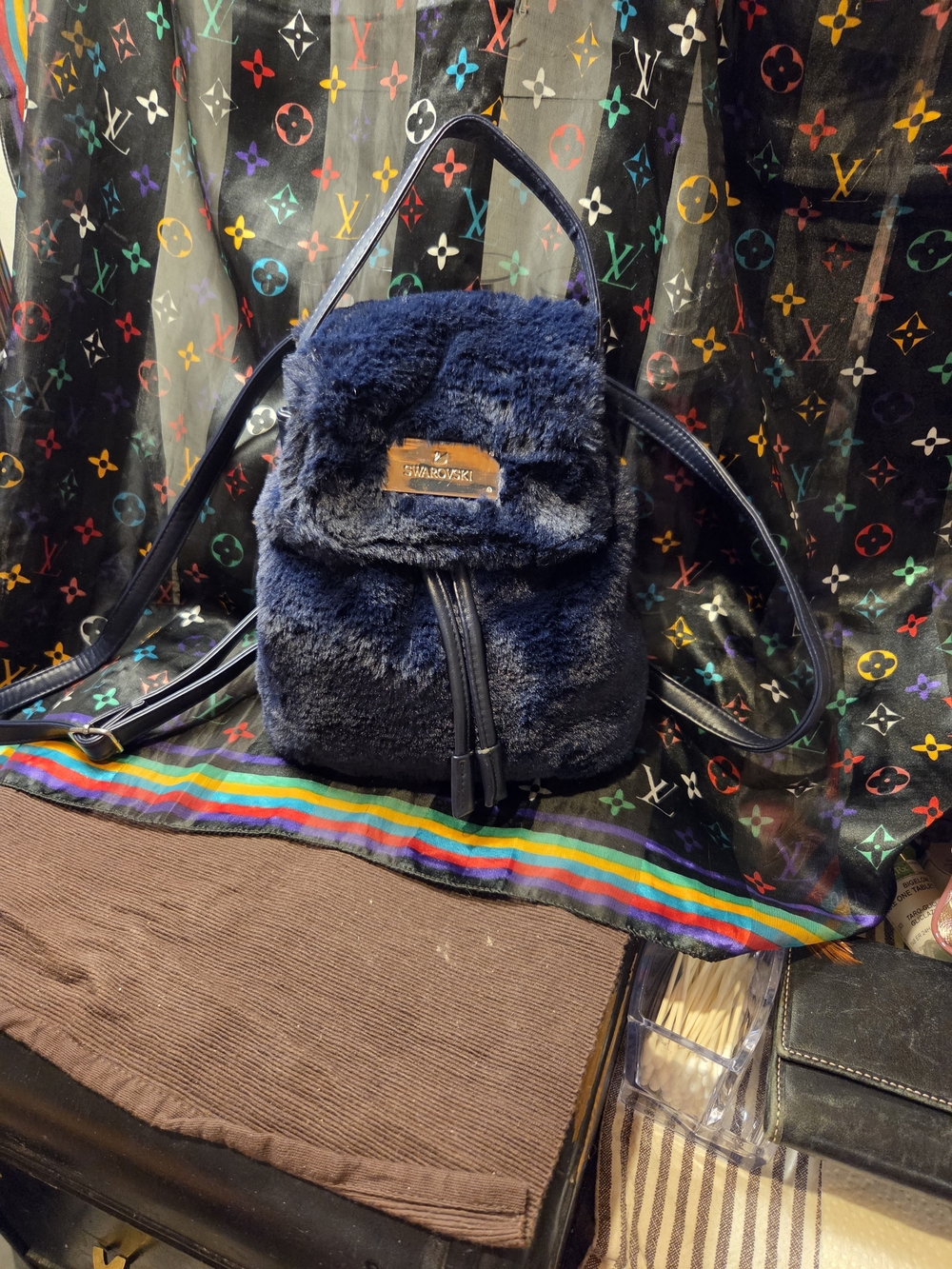 Swarovski Deep Blue Faux-Fur Mini Backpack